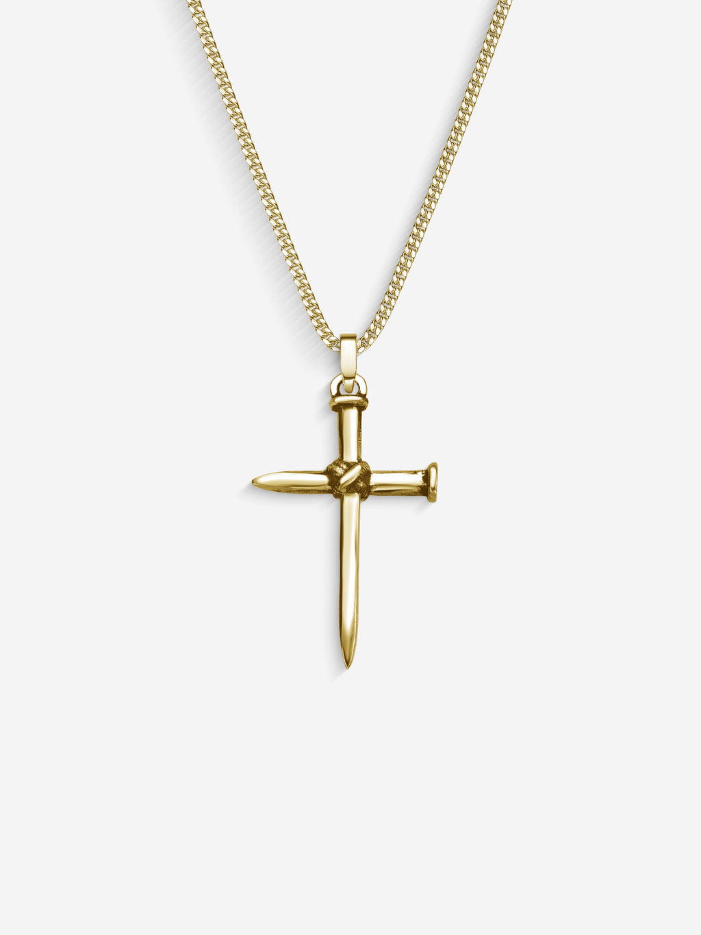 Colar Nail Cross em Prata 925 com banho de Ouro 18k, corrente grumet, vista frontal, detalhe