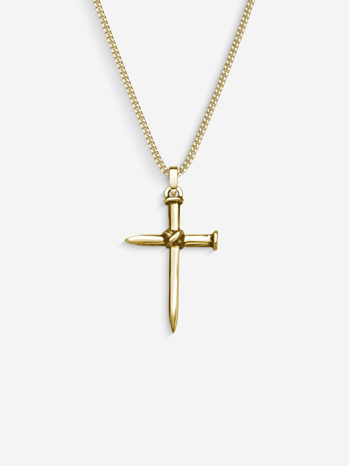 Colar Nail Cross em Prata 925 com banho de Ouro 18k, corrente grumet, vista frontal, detalhe