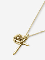 Colar St. George e Nail Cross em Prata 925 com banho de Ouro 18k, corrente grumet, vista em perspectiva