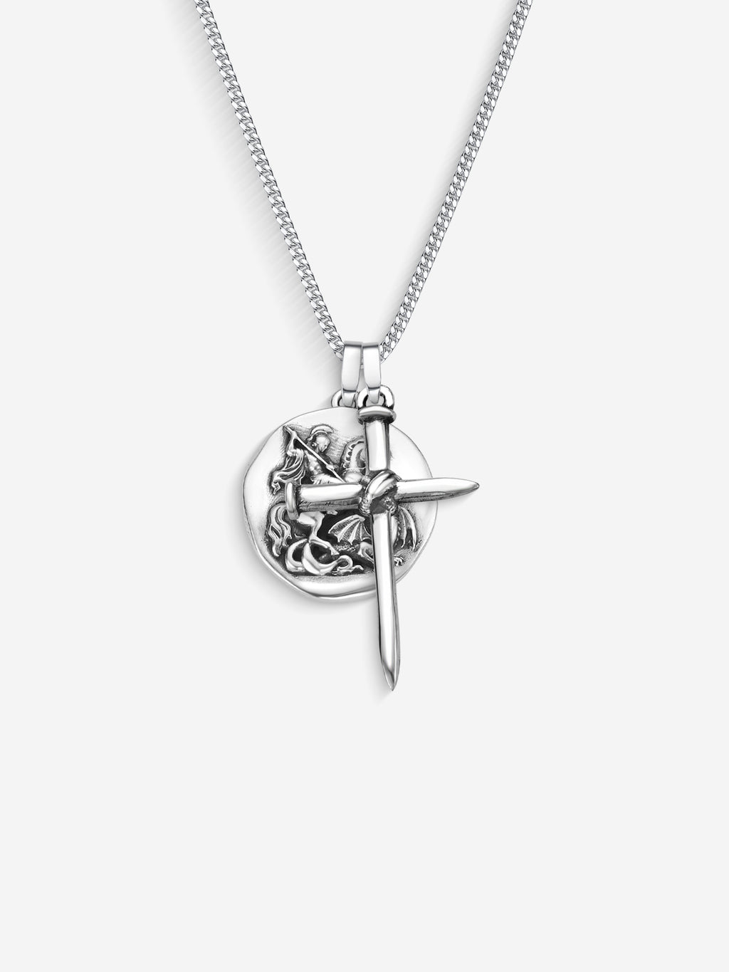 Colar St. George e Nail Cross em Prata 925 Oxidada, corrente grumet, vista frontal